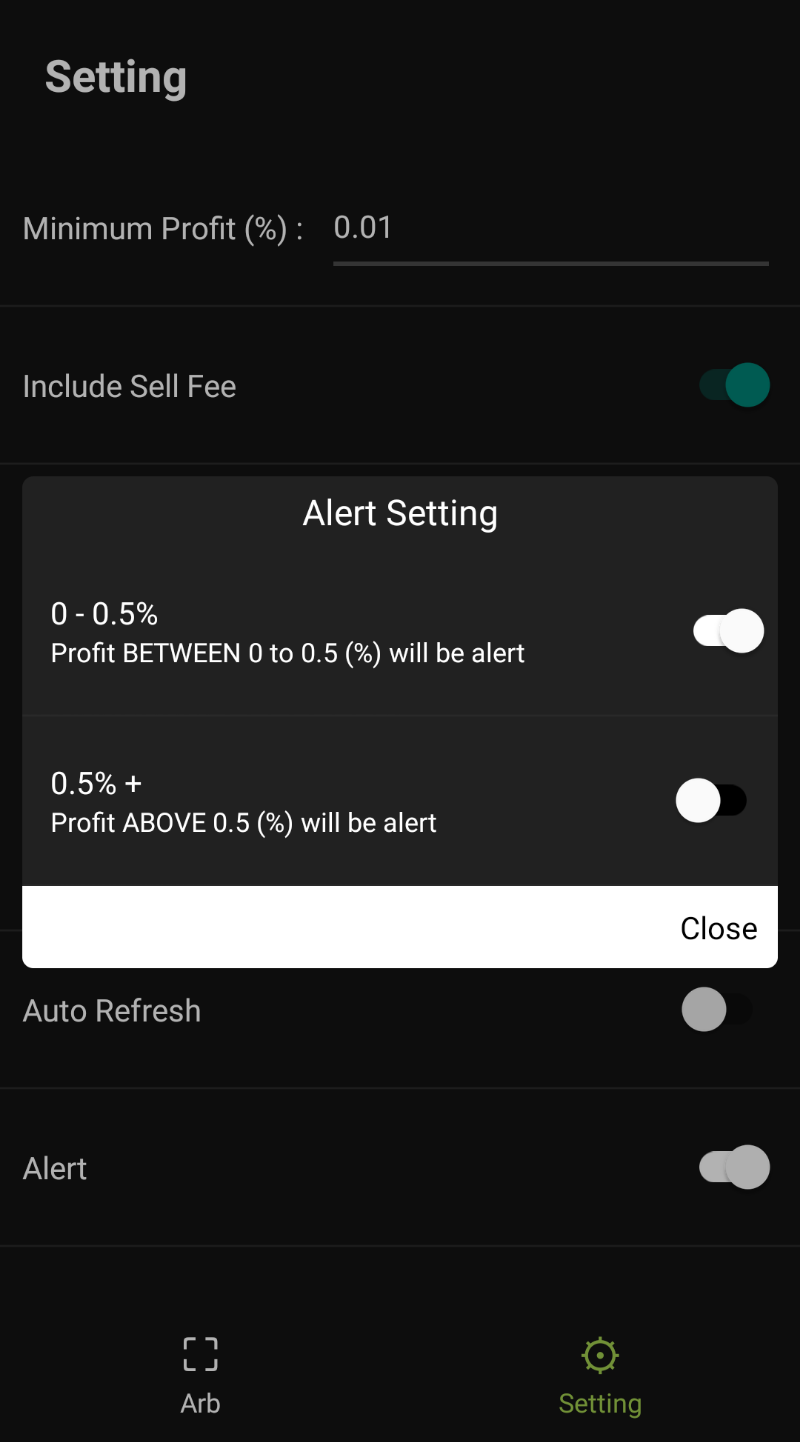 Arbitrage Alert Menu on the app.